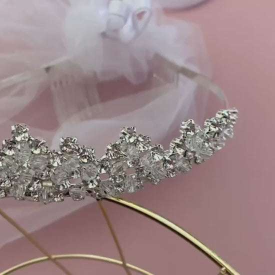 USA Made | Flower Girl Tiara Veil | Communion Rhinestone Tiara with 2-Tiered Veil - video of tiara veil