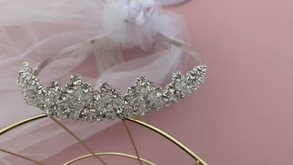 USA Made | Flower Girl Tiara Veil | Communion Rhinestone Tiara with 2-Tiered Veil - video of tiara veil