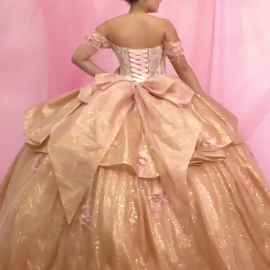 Video of Rose Gold Quinceañera Dress with Beaded Fringe Straps, Gold Embroidered Lace and Ruffled Train