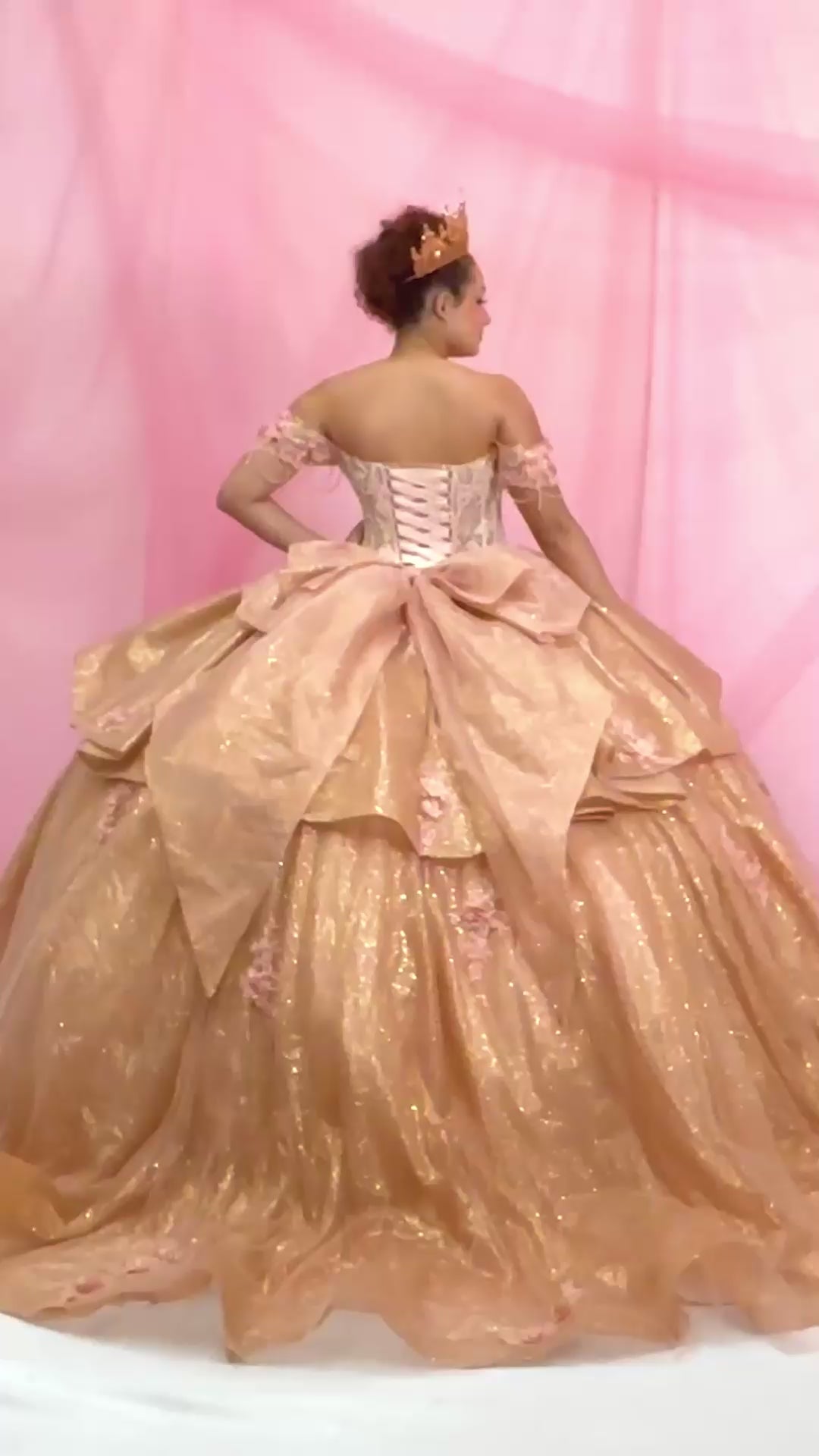 Video of Rose Gold Quinceañera Dress with Beaded Fringe Straps, Gold Embroidered Lace and Ruffled Train