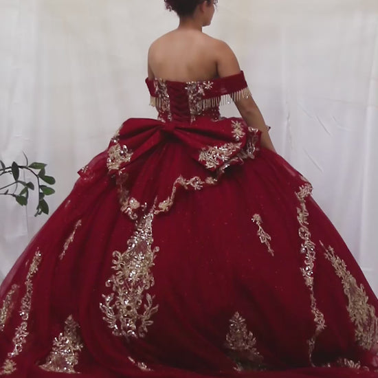 Video of Burgundy Quinceañera Dress with Gold Embroidery, Beaded and Fringe Embellished Bodice