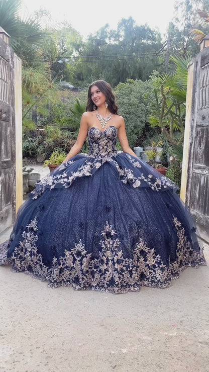 Quinceanera | Navy Glittery Overlay Ball Gown with Golden Embroidered Top Adorned with Sequins and Gems  | Aitanna dress video