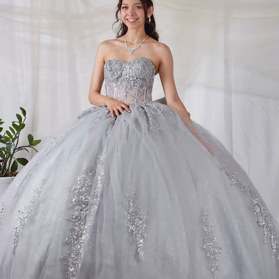 Video of Silver Quinceañera Dress with Sheer Sweetheart Bodice, Floral Embroidery and Glitter Tulle