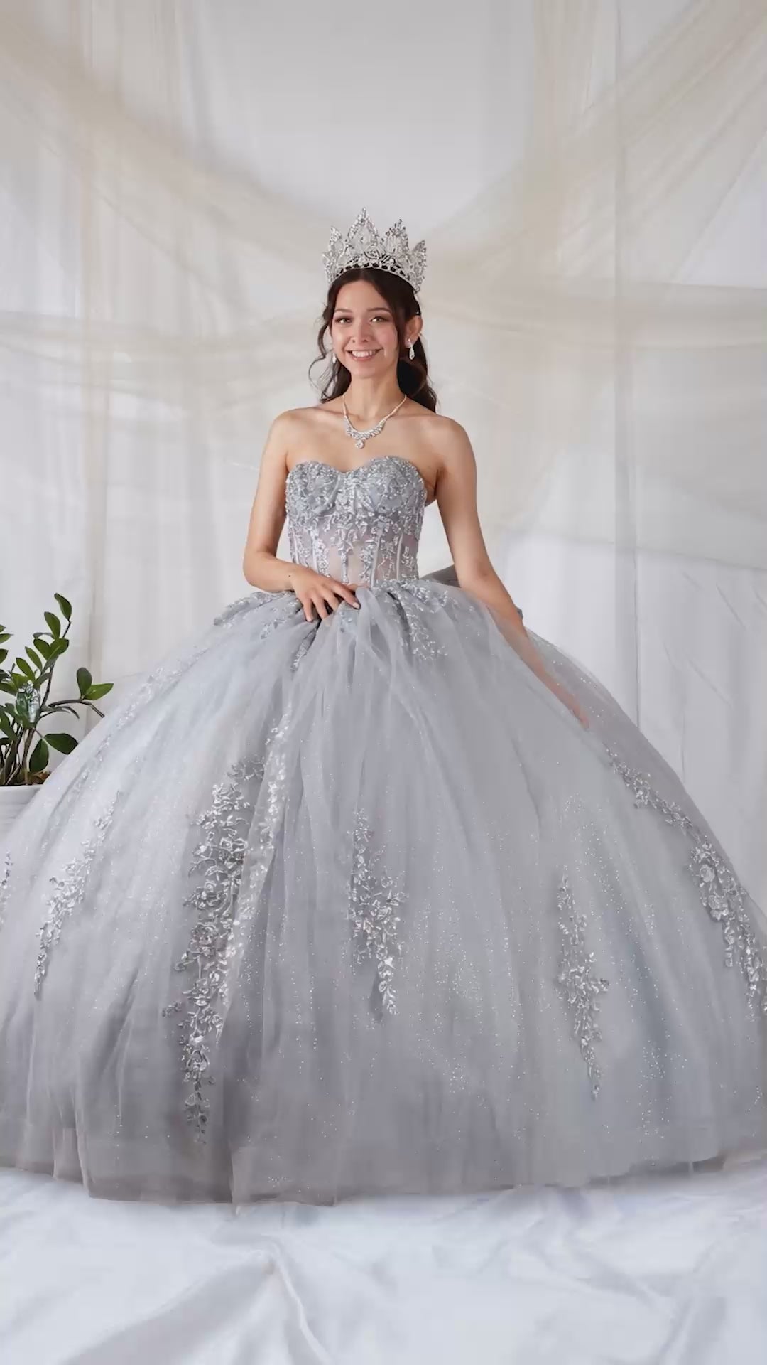 Video of Silver Quinceañera Dress with Sheer Sweetheart Bodice, Floral Embroidery and Glitter Tulle