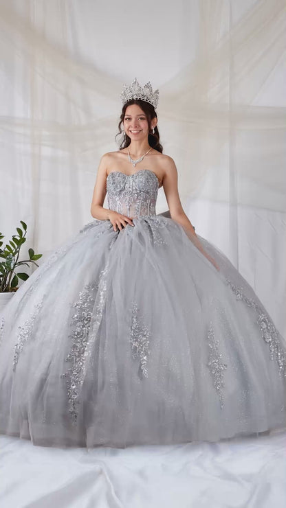 Video of Silver Quinceañera Dress with Sheer Sweetheart Bodice, Floral Embroidery and Glitter Tulle