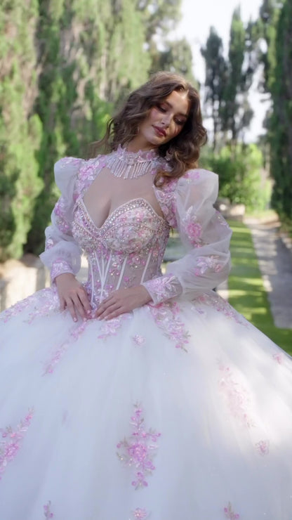 Quinceañera | Pink White 3D Butterfly Ball Gown with Glitter Tulle Skirt, Sweetheart Corset & Puff Sleeve Bolero | Lourdes dress