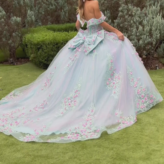 Quinceañera | Tiffany Blue Ball Gown with 3D Flowers, Sequined Embroidery, and Detachable Bow | Greisa dress Video