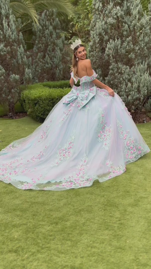 Quinceañera | Tiffany Blue Ball Gown with 3D Flowers, Sequined Embroidery, and Detachable Bow | Greisa dress Video