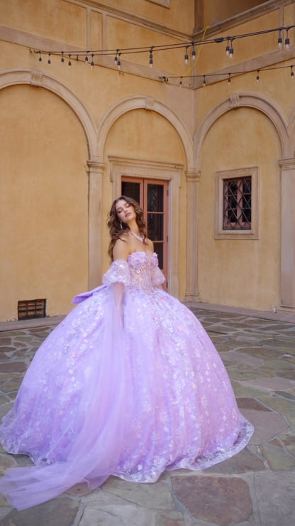 Quinceañera | Lilac Multi-Color 3D Floral Ball Gown with Drape Wings Sleeves and Sweep Train | Arely dress