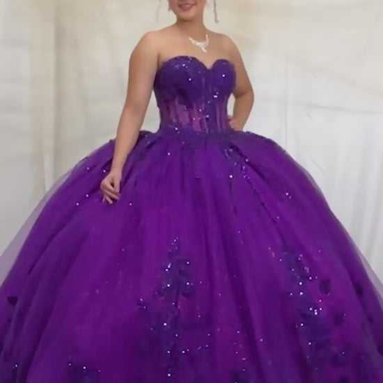 Video of Purple Quinceañera Ball Gown with Embroidery, Shimmer Beading and Embroidered Tulle Skirt