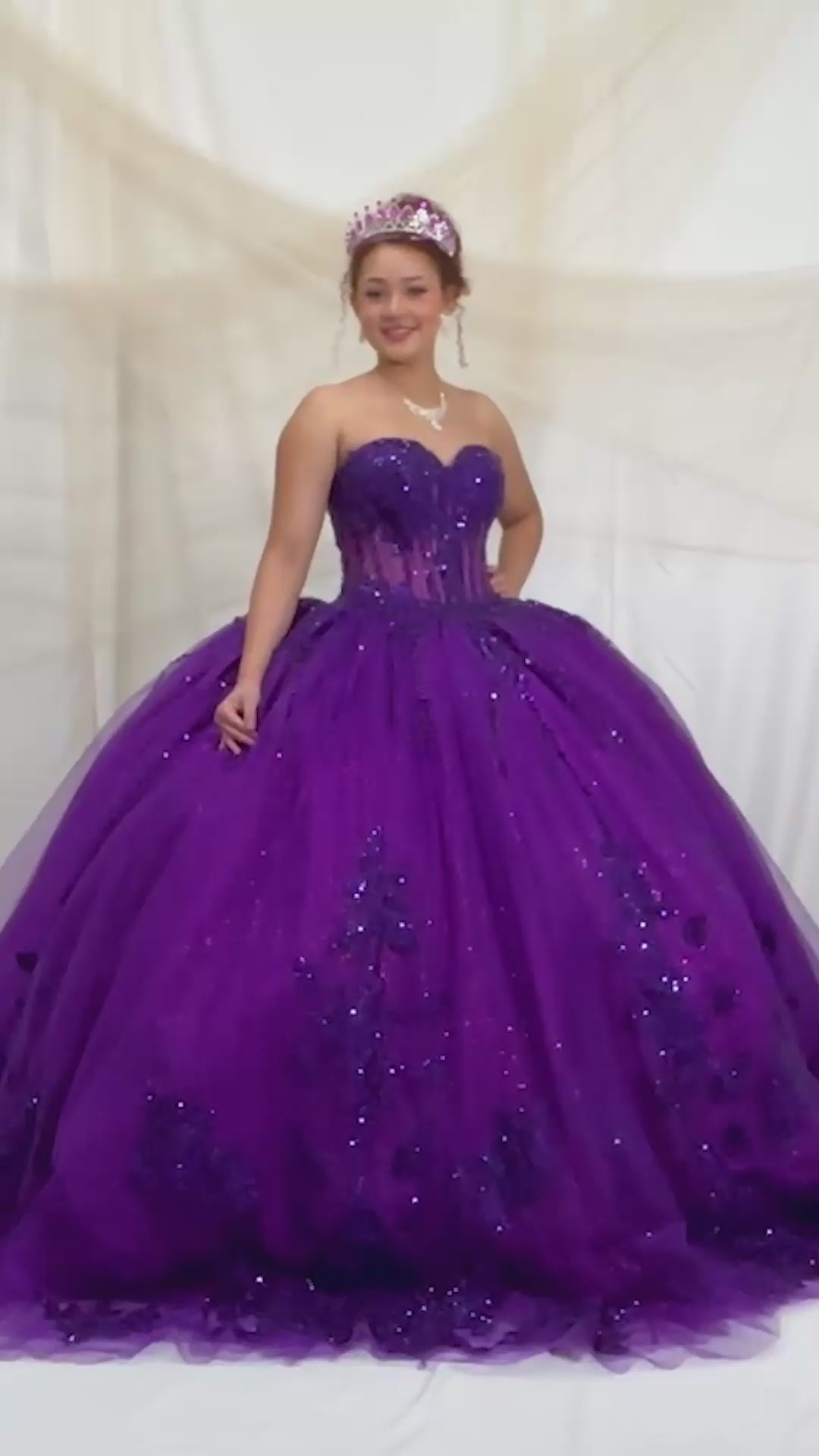 Video of Purple Quinceañera Ball Gown with Embroidery, Shimmer Beading and Embroidered Tulle Skirt