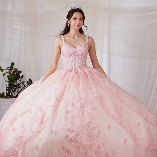 Video of Blush Quinceañera Dress with 3D Butterflies, Sheer Bodice, Spaghetti Straps and Lace Skirt