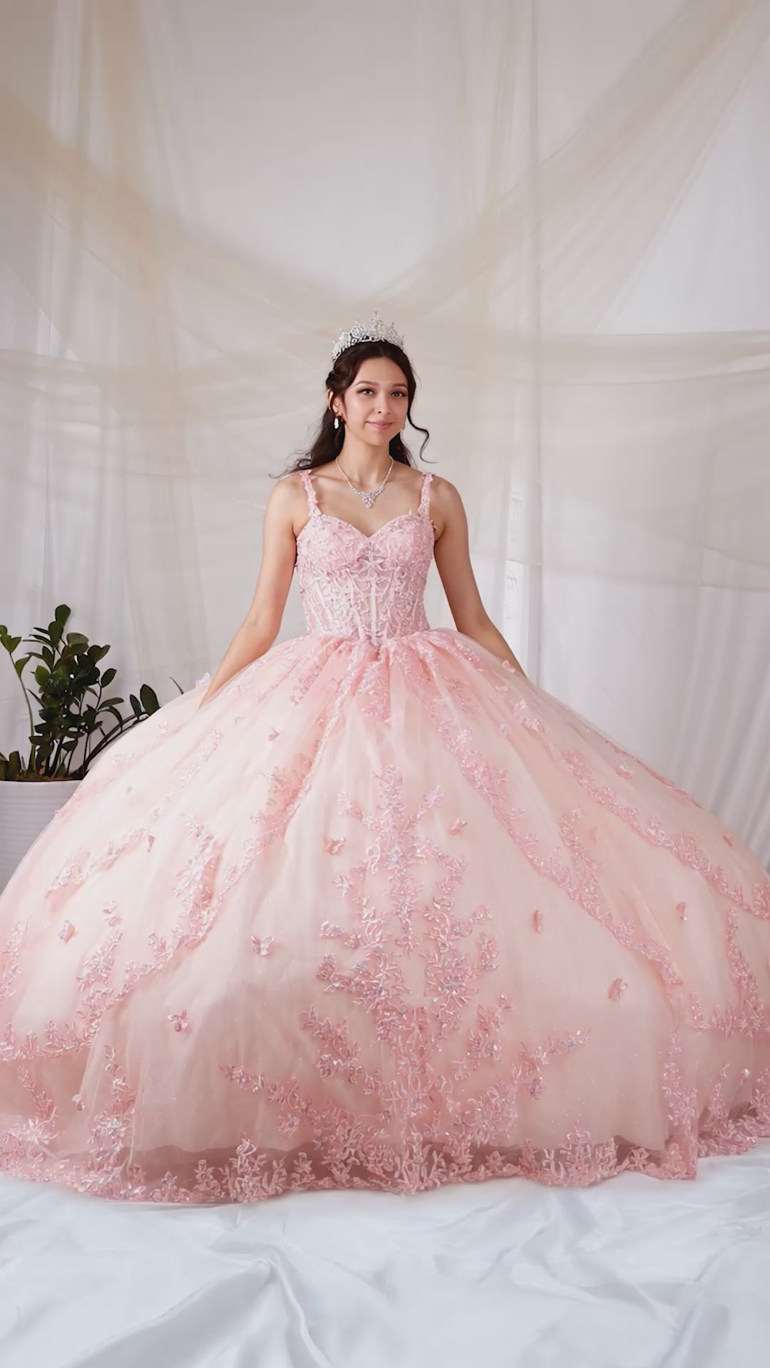 Video of Blush Quinceañera Dress with 3D Butterflies, Sheer Bodice, Spaghetti Straps and Lace Skirt