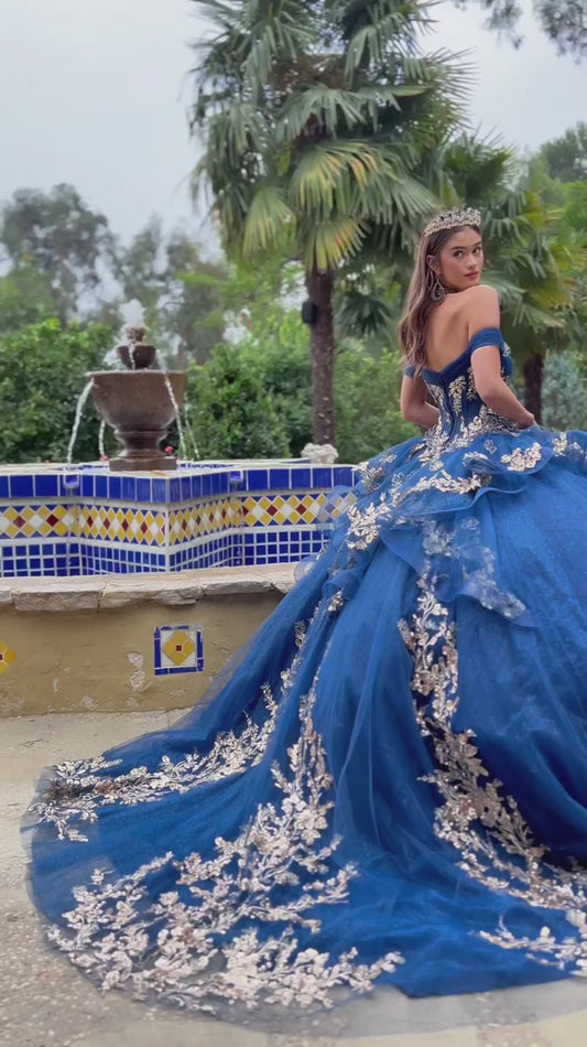 video of the navy Quinceañera Ball Gown with Matching Jewel Choker
