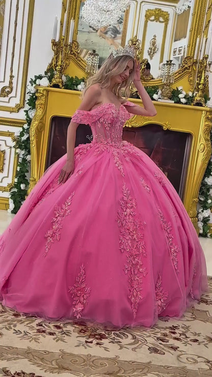 Quinceañera Hot Pink Off-Shoulder Ball Gown with 3D Floral Appliqués, Beads, Sequins, and Glitter Skirt | Cristina dress