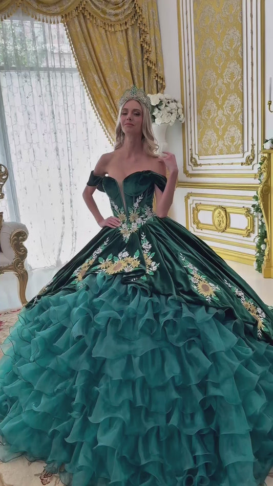 Quinceañera | Dark Green Velvet and Organza Charro Ball Gown with Floral Embroidery and Ruffled Overlays | Feliciana dress video