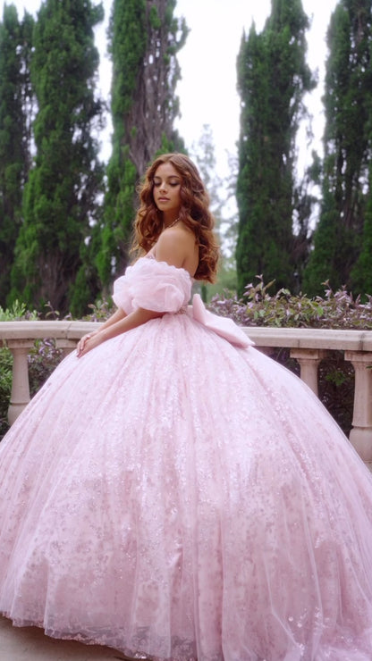 Quinceanera | Blush Glitter Tulle Gown with Detachable Puff Ruffle Sleeve (Arm) and Cathedral Train | Anais dress
