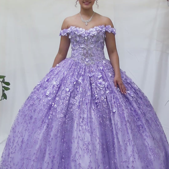 Video of Lilac Quinceañera Dress with Delicate Floral Appliques and Romantic Flowing Skirt