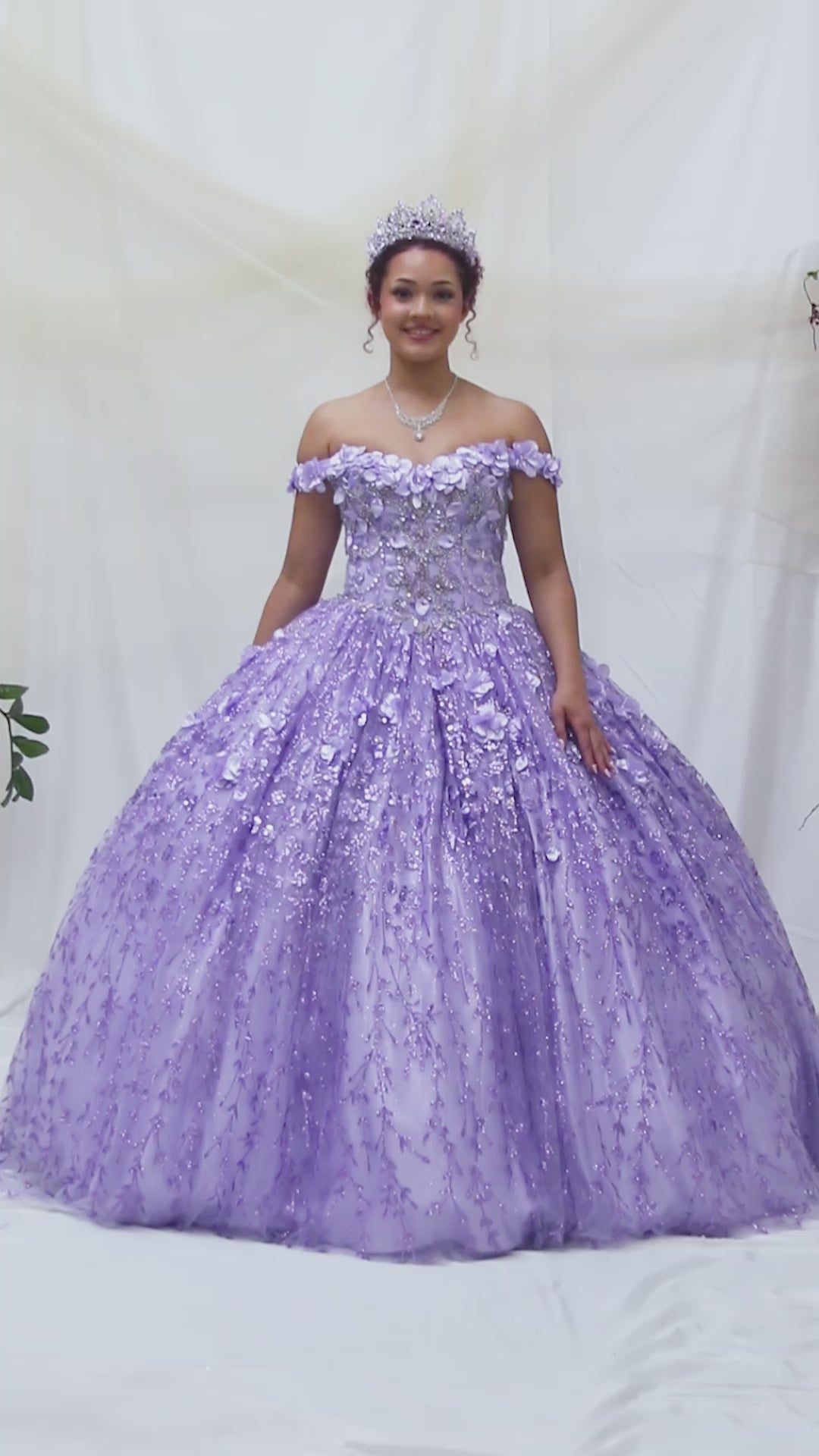 Video of Lilac Quinceañera Dress with Delicate Floral Appliques and Romantic Flowing Skirt