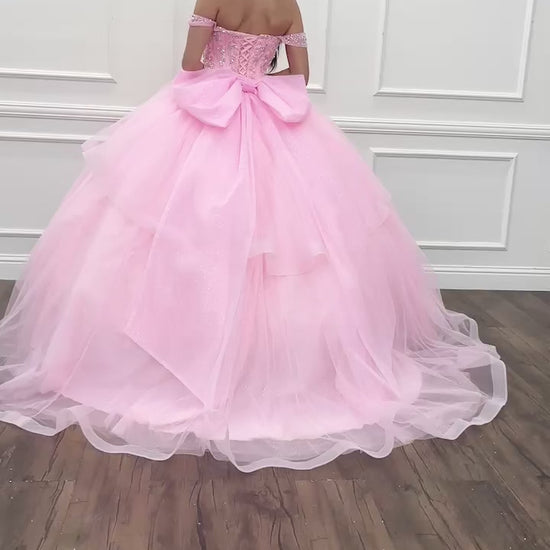 Quinceañera | Ivory/Gold Off Shoulder Epaulets Sleeve with Detachable Cathedral Tulle Train Quince Ball Gown | Esmeralda dress VIDEO