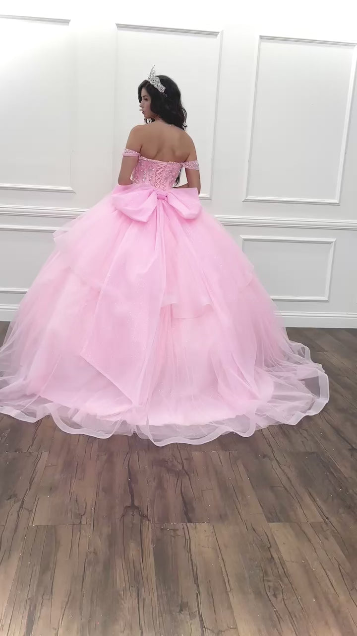 Quinceañera | Ivory/Gold Off Shoulder Epaulets Sleeve with Detachable Cathedral Tulle Train Quince Ball Gown | Esmeralda dress VIDEO