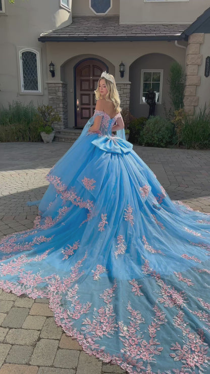 Bahama Blue Ball Gown with 3D Butterfly Appliqués, Detachable Cape Sleeves and Bow Sweet 15