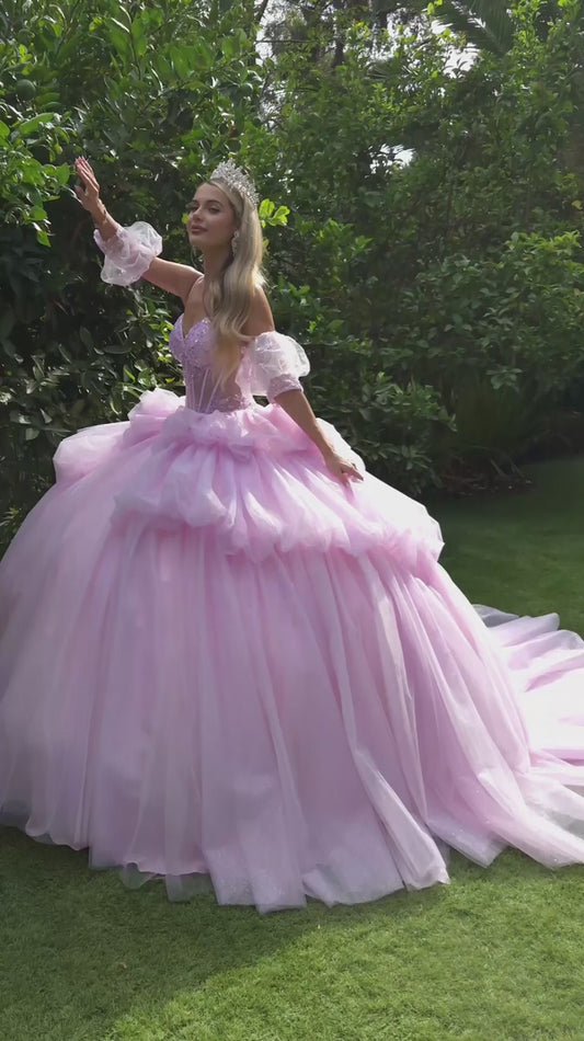 Quinceañera | Lilac-Blush Layered bubble hem train Ball Gown with Detachable Bow and Puff Sleeves | Emelina dress Video