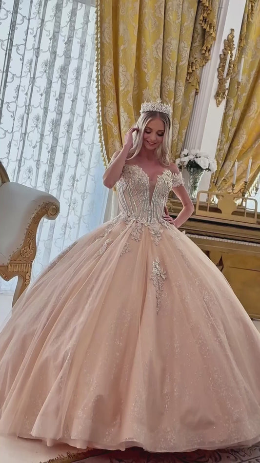 Quinceañera | Champagne Ball Gown with Bejeweled Corset Bodice and 3D Floral Appliques | Isaura dress video