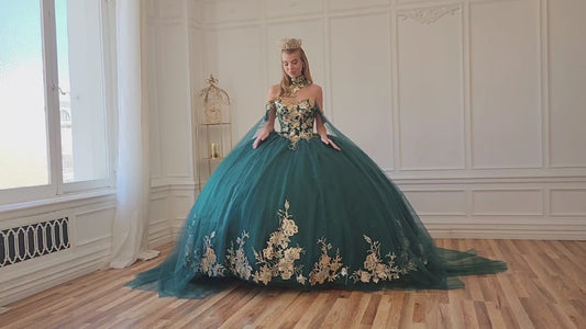 Quinceanera | Hunter Green Off-Shoulder Ballgown Adorned with Golden Lace & Detachable Shoulder Train Sleeves | Renata J dress video