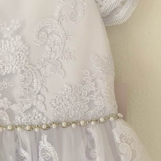 First Communion dress | Cording Lace, 3D Flower Pearls Cap Sleeve Full Length Dress - video of dress