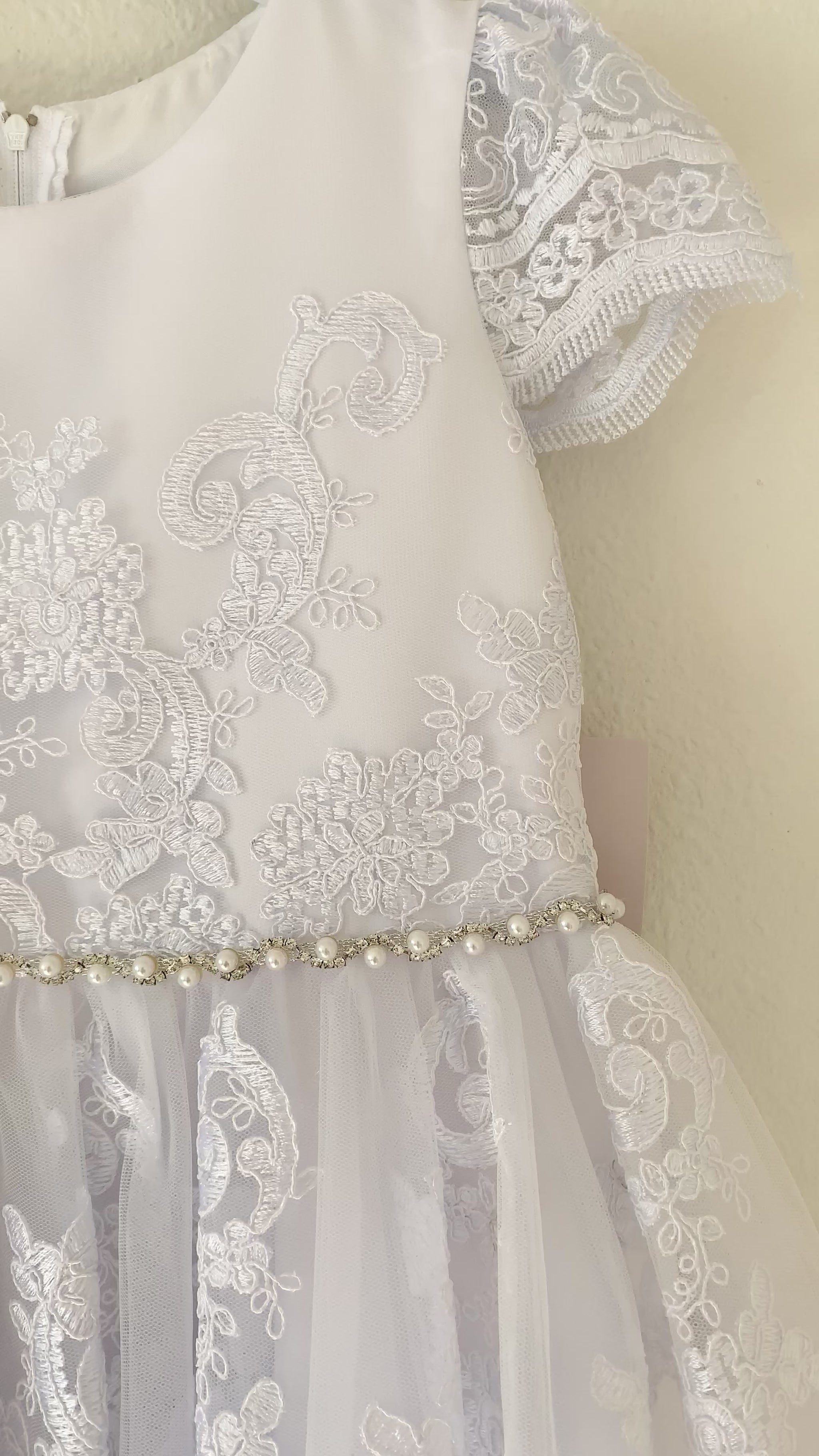 First Communion dress | Cording Lace, 3D Flower Pearls Cap Sleeve Full Length Dress - video of dress