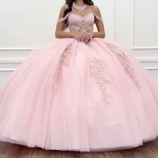 Quinceanera | Blush Off-Shoulder Ballgown with Beading, Rhinestones, 3D Flowers, Golden Embroidery, and Detachable Glitter Cape | Anna Dress video