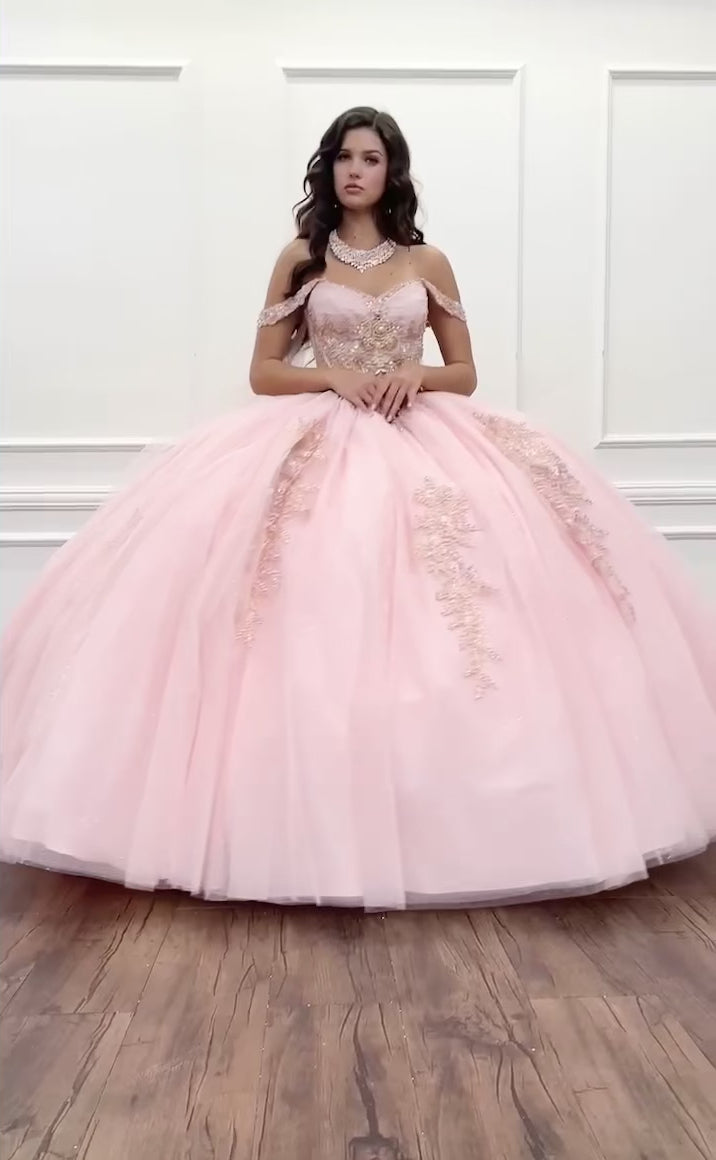 Quinceanera | Blush Off-Shoulder Ballgown with Beading, Rhinestones, 3D Flowers, Golden Embroidery, and Detachable Glitter Cape | Anna Dress video