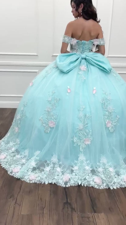 Quinceanera | Mint See-Through Bodice with 3D Flowers, Embroidery, Beading, and Glitter Tulle Ballgown with Detachable Big Bow | Arleth dress