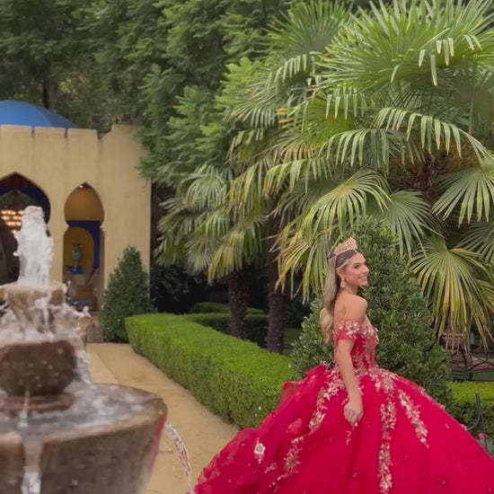 Quinceañera | Red 3D Butterfly Appliques, Embellished Corset Long Train Ball Gown | Danae dress  | Danae dress | 2 Colors Available Video