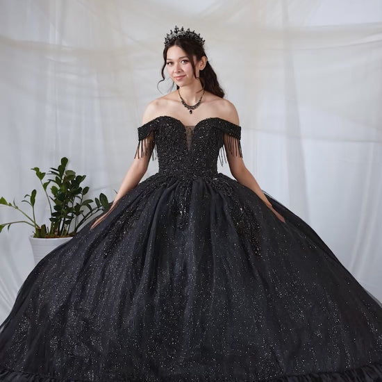 Video of Black Quinceañera Dress with Rhinestone Beaded Bodice, Tiered Ruffle Hem and Glitter Tulle