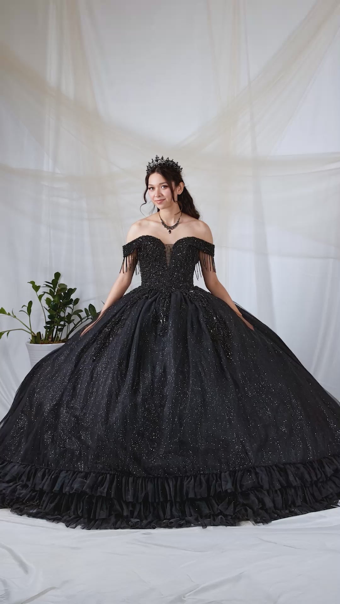 Video of Black Quinceañera Dress with Rhinestone Beaded Bodice, Tiered Ruffle Hem and Glitter Tulle