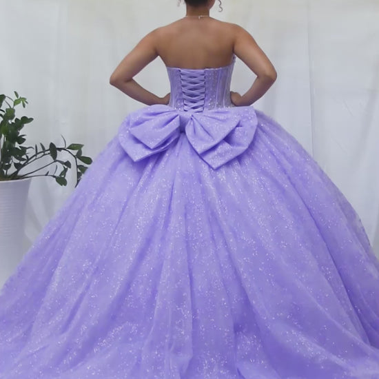 Video of Lilac Quinceañera Dress with Crystal Beading, Glitter Floral Tulle and Front Bow Detail