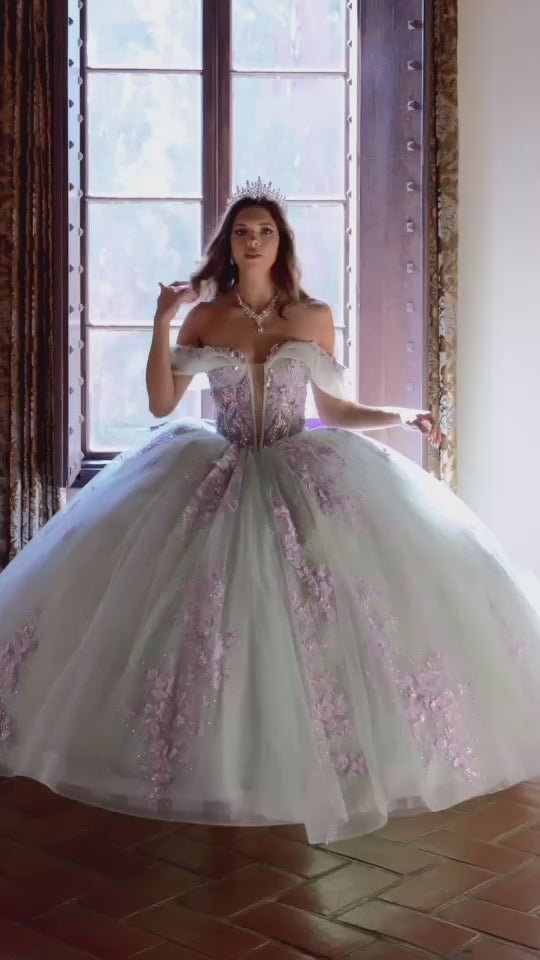 Quinceanera | Sage Lilac See-through 3D Flowers, Embroidery, Bead bodice and Glitter Tulle Ballgown | Fernanda dress | 2 Colors Available video