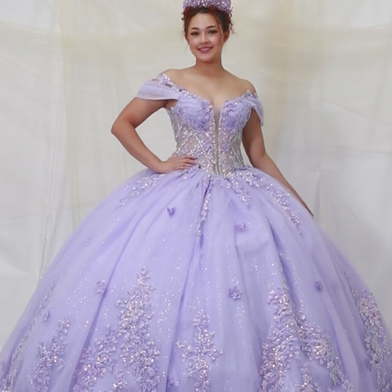 Video of Champagne Quinceañera Dress with Illusion Corset Bodice, 3D Floral Applique and Beaded Embroidery
