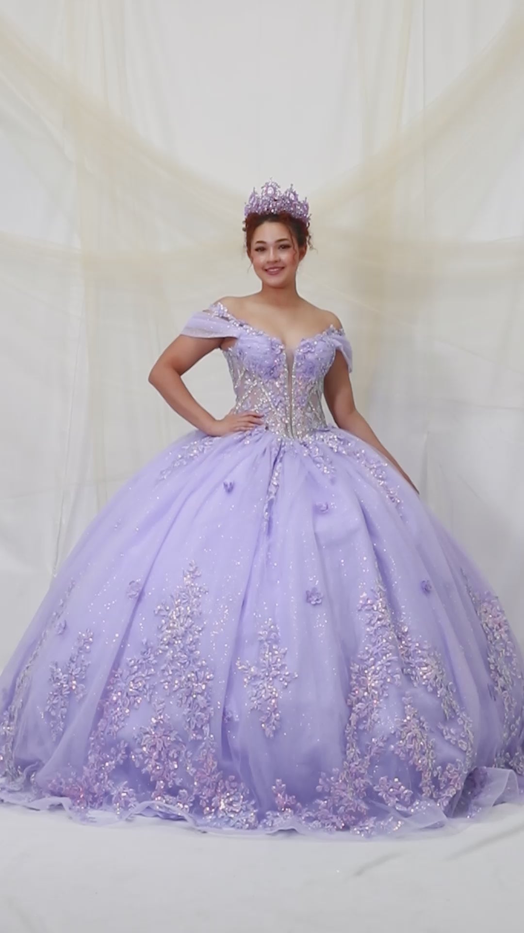 Video of Champagne Quinceañera Dress with Illusion Corset Bodice, 3D Floral Applique and Beaded Embroidery