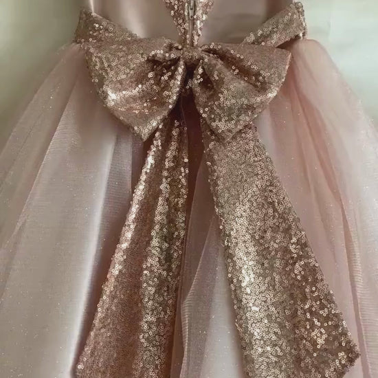 Rose Gold USA Made | Sequin V-Back Tulle Flower Girl Dress with detachable Ribbon pin - video of dress