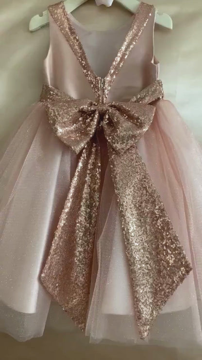 Rose Gold USA Made | Sequin V-Back Tulle Flower Girl Dress with detachable Ribbon pin - video of dress