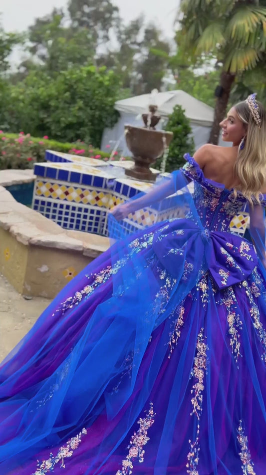 Quinceañera | Royal Blue Ball Gown with Watteau Train, Color-Shifting Underlayer and Detachable Bow | Danitza dress Video