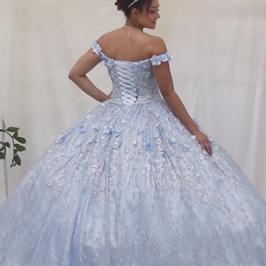 Video of Bahama Blue Quinceañera Dress with Delicate Floral Appliques and Romantic Flowing Skirt