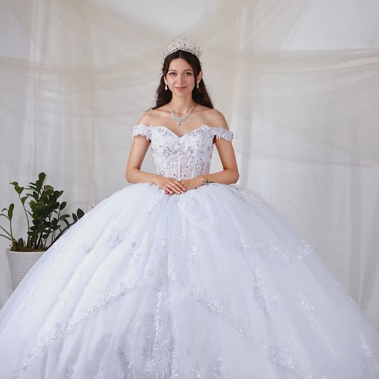 Video of White Quinceañera Dress with Sheer Sweetheart Bodice, Floral Embroidery and Glitter Tulle