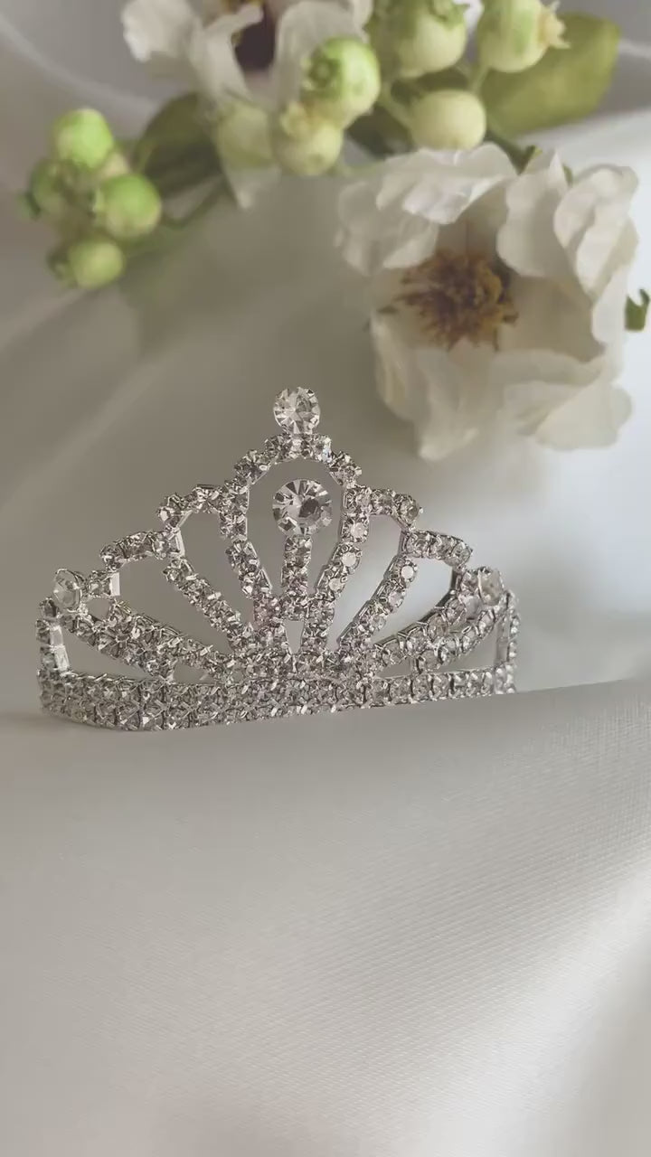 Mini Silver Rhinestone Tiara Hair Comb | Flower Girl Tiara - video of tiara hair comb