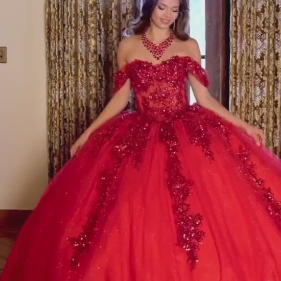 Quinceañera | Red Detachable Sleeve 3D Flowers and Glitter Quince Ballgown | Esperanza dress | 2 Colors Available video