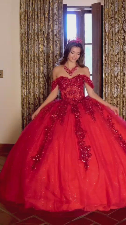 Quinceañera | Red Detachable Sleeve 3D Flowers and Glitter Quince Ballgown | Esperanza dress | 2 Colors Available video