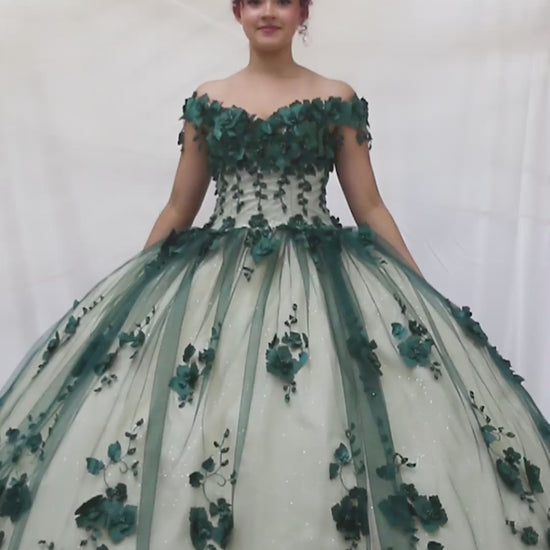 Video of Emerald Green Quinceañera Dress with 3D Floral Applique, Elegant Long Tail and Flowing Layered Train